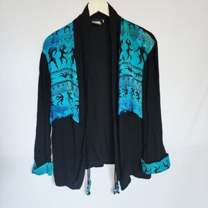 Vintage Sharon Anthony Cardigan Small Rayon Black Teal Tribal Ethnic Art To Wear